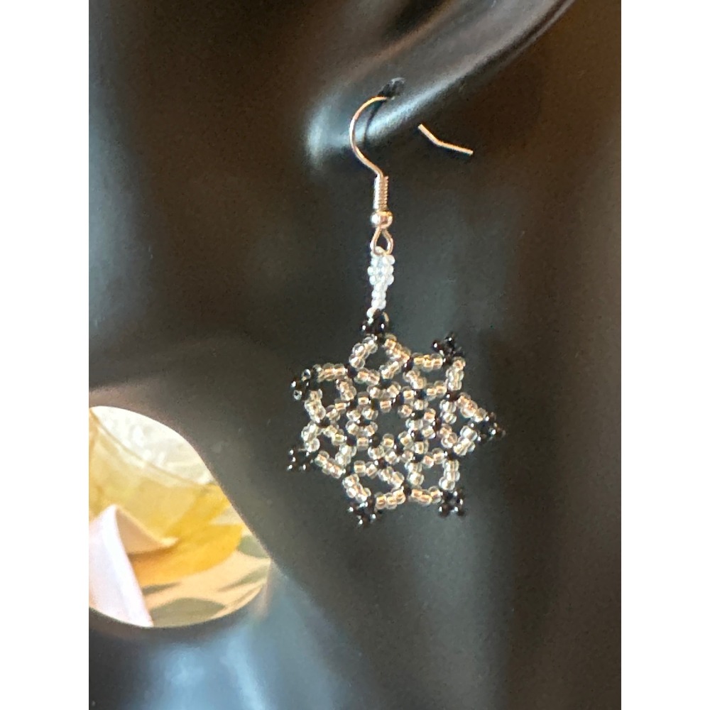 Handmade Beaded Snowflake Drop Earrings Silver Black Winter Holiday Jewelry